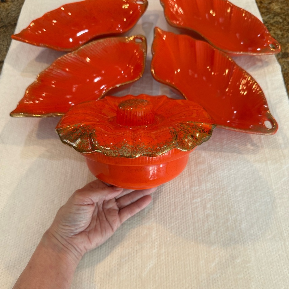 Vintage California Pottery Retro Orange Gold Gilded Bowl with lid & Trays.